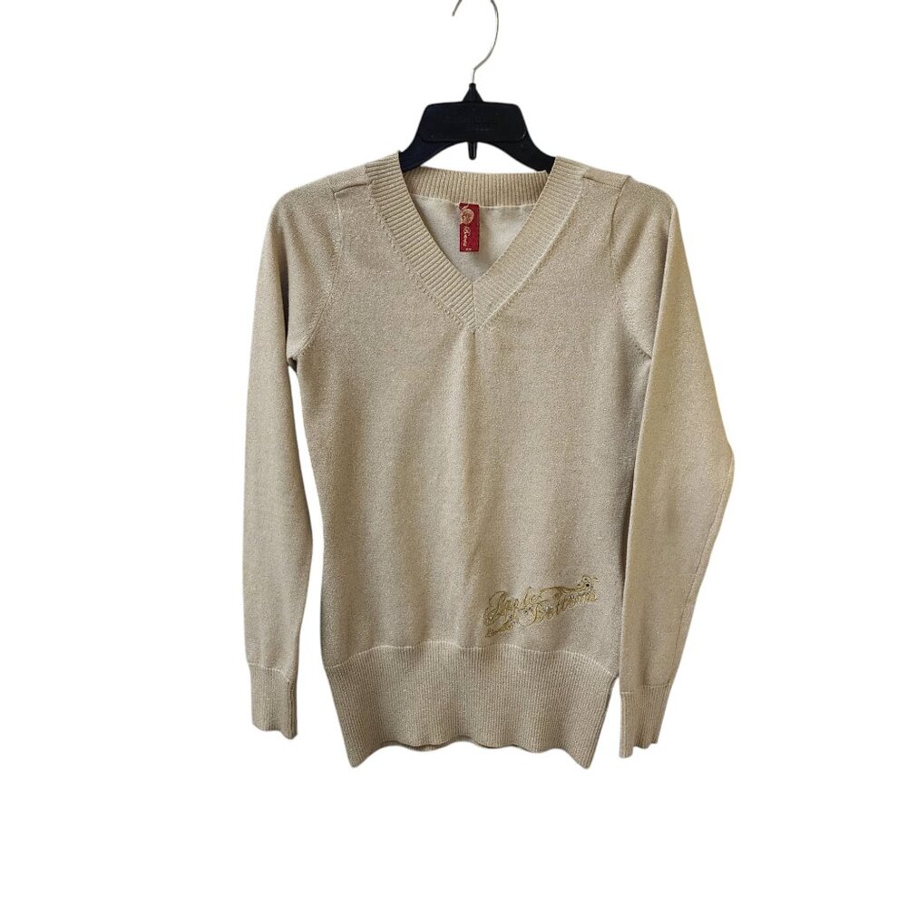 Apple Bottoms Cream Gold Sparkly Knit V-Neck Sweater Medium y2k 2000s Stretchy
